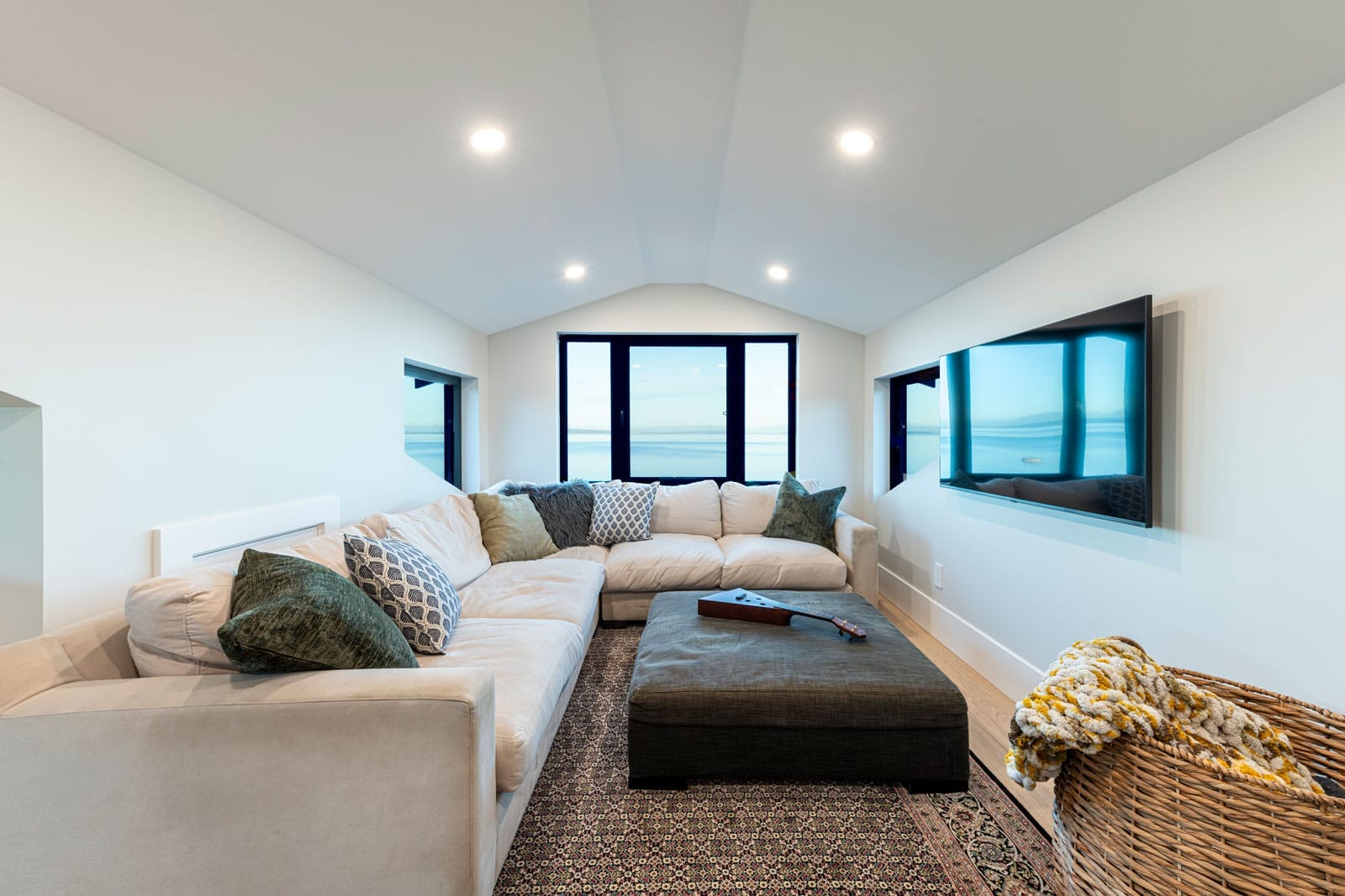 custom home living room with seaside view